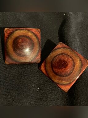 Vintage Wooden Circle-Designs Square Earrings — Brown Tones
